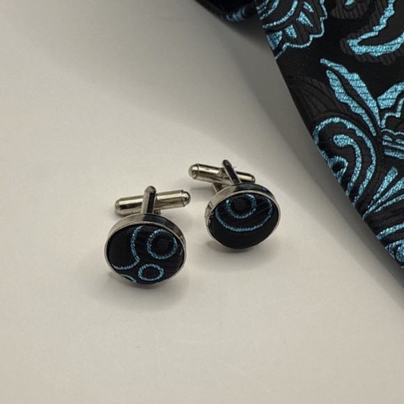 Special Occasion Tie Black Blue Sparkle Cufflink Pocket Square Prom Homecoming - Picture 2 of 3